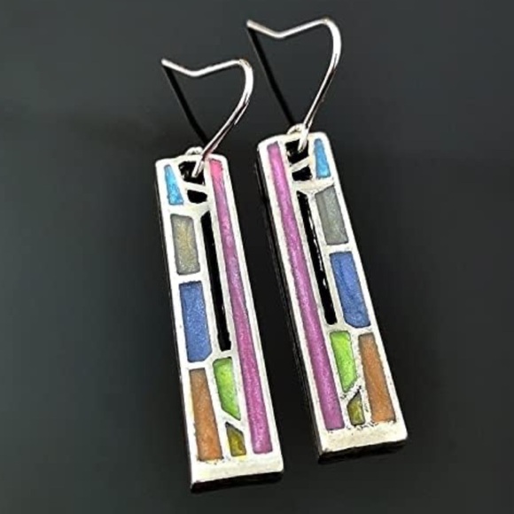 925 Sterling Silver Plated Geometric Colors Drop Earrings - Picture 1 of 2